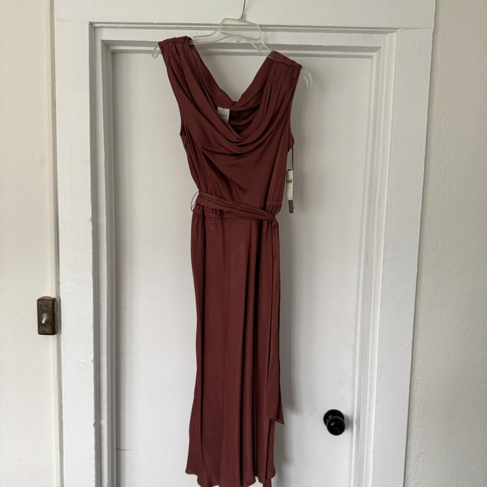 Maeve Asymmetric Tie-Waist Satin Midi Dress - Size L - Pink/Rose - Picture 3 of 6